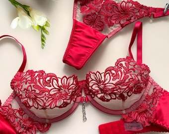 Luxury red satin Lingerie Set, Sheer Underwire Bra and Thong, Handmade Embroidered Lingerie, Romantic Lingerie