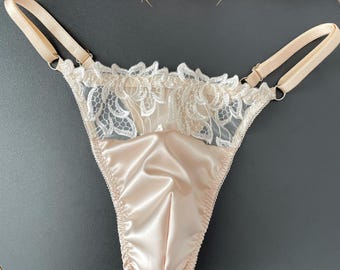 Men’s Thong Underwear, Satin Lace Men Thong, Male Lingerie, Anatomical Pouch, Adjustable Straps