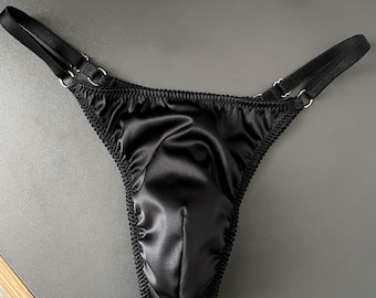 Mens Satin Thong, Silk Men Underwear, Adjustable Strap, Custom Color Lingerie, Soft Luxury Underwear