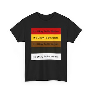 以下が含まれることがあります： 黒の半袖Tシャツ。中央に5つの水平なカラーバンドで構成された長方形のグラフィックがプリントされています。各バンドには「It's Okay To Be Native」「It's Okay To Be Asian」「It's Okay To Be Latino」「It's Okay To Be White」というテキストが記載されています。