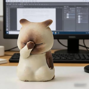 Könnte beinhalten: Cremefarbene Keramik-Katzenfigur mit braunen Markierungen, die ihre Pfote vor dem Gesicht hat. Die Katze sitzt. Die Figur hat ein minimalistisches Design und ein leicht verwittertes Aussehen. Ein dekorativer Artikel.