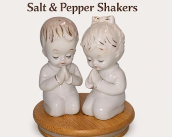 Vintage Porcelain Praying Boy and Girl Salt and Pepper Shaker set mid-century 1950's-1970's