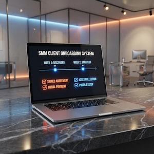 May include: A silver MacBook Pro laptop displaying the text "SMM CLIENT ONBOARDING SYSTEM" on its screen. The screen shows a process with steps including "Signed Agreement" and "Initial Payment." The laptop sits on a black marble countertop in an office setting.
