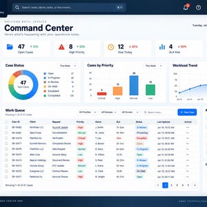 May include: A digital dashboard interface titled SnapRef Operations Command Center Pro, featuring a dark blue theme with white text, data visualization charts, a case status donut chart, a workload trend line graph, and a detailed work queue table.