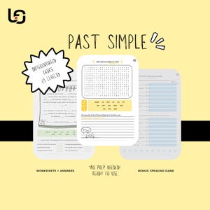 May include: Educational worksheets for learning the past simple tense. The image shows three different worksheets with the text "PAST SIMPLE" and "DIFFERENTIATED TASKS (3 LEVELS)". The worksheets include a word search, sentence building, and fill-in-the-blank exercises.
