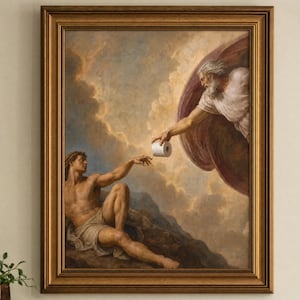 May include: A framed oil painting depicting a classical scene with a bearded figure in white robes extending a hand to offer a roll of white toilet paper to a seated, muscular figure. The artwork features dramatic clouds and a gold-toned frame.