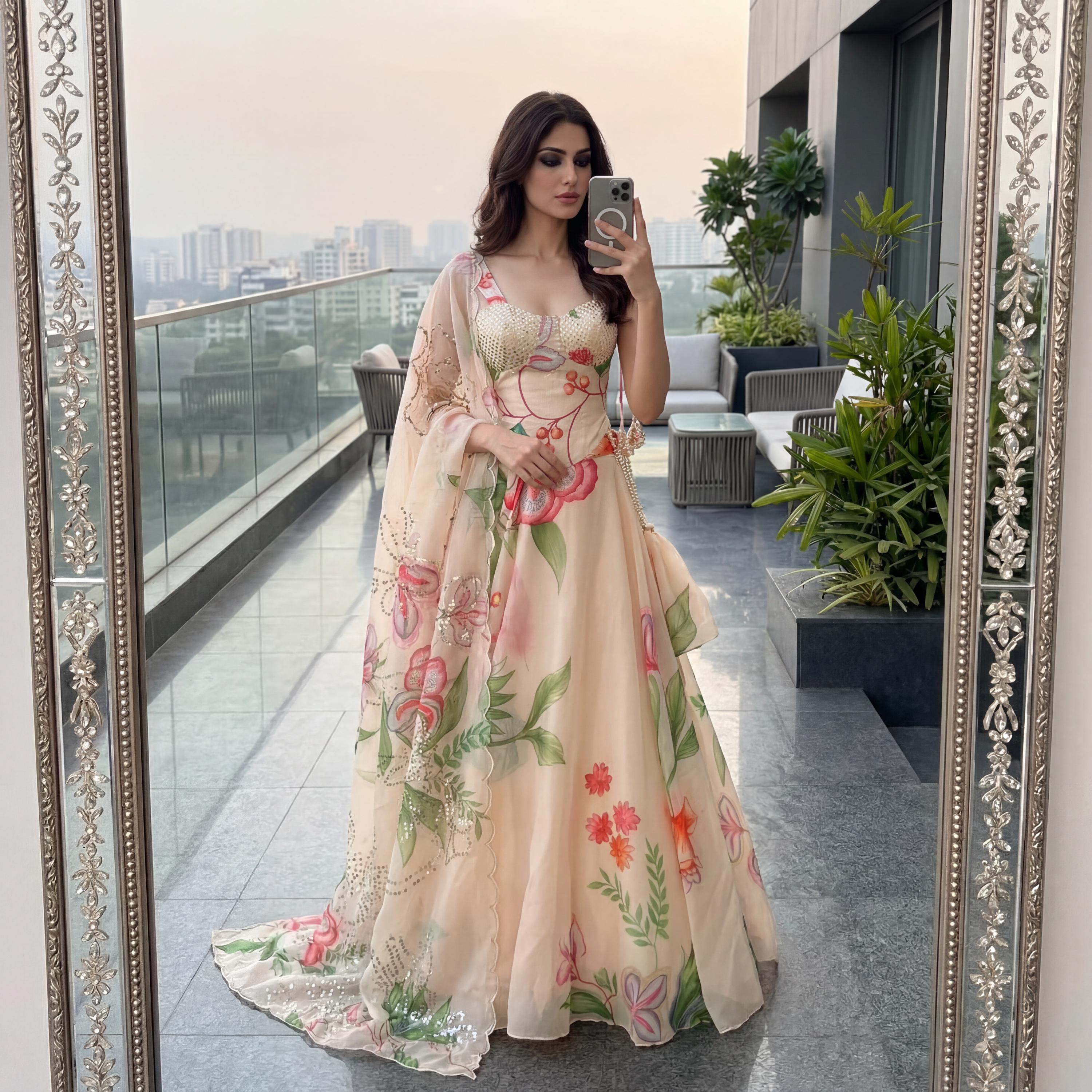 strapless open back dress Mint V-Neck Embroidered Lehenga 10 / Tall main image 1