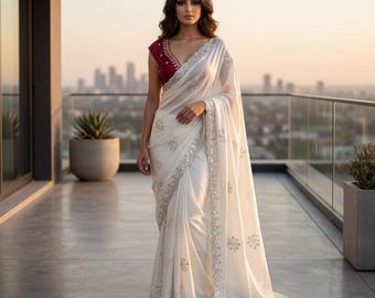 Designer Ready to Wear Chinon Indian Saree, Premium White Saree and Blouse, Saree White Party Wear Pakistani Floral Saree, Sabyasachi Saree