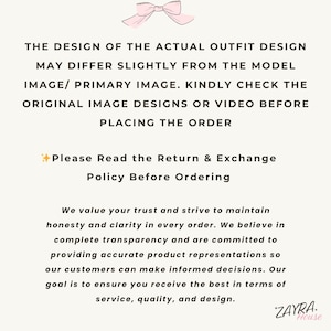 May include: A white background with text in black, including "THE DESIGN OF THE ACTUAL OUTFIT DESIGN" and "Please Read the Return & Exchange Policy Before Ordering." A pink bow graphic is at the top.