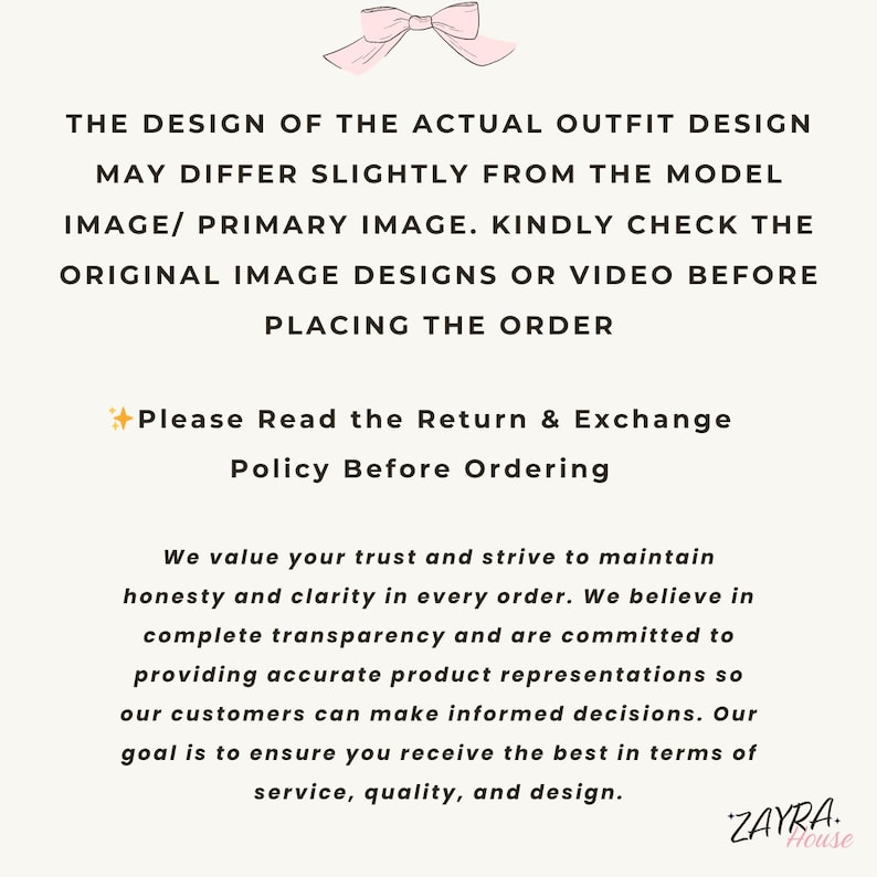 May include: A white background with text in black, including "THE DESIGN OF THE ACTUAL OUTFIT DESIGN" and "Please Read the Return & Exchange Policy Before Ordering." A pink bow graphic is at the top.
