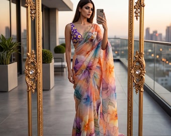 Ready to Wear Designer Ombre Floral Saree Blouse, Sabyasachi Saree, Premium Georgette Saree Party Wear Pre-Stitched Indian Saree Yellow