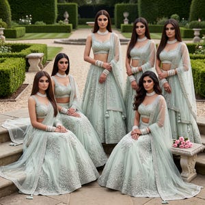 May include: A group of six matching light sage green lehengas featuring sleeveless crop tops and full-length skirts with intricate silver embroidery, paired with sheer matching dupattas and layered white beaded bracelets on each wrist.