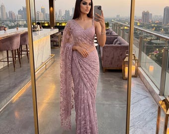 Sari de red bordado de diseñador listo para usar con blusa, sari de Bollywood precosido para recepción y fiesta nupcial, sari Sabyasachi