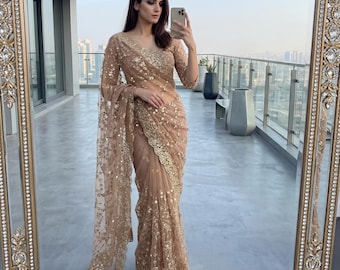 Designer Ready to Wear Heavy Embroidered Net Saree With Blouse, Reception Bridal Party Wear Pre-Stitched Bollywood Saree, Sabyasachi Saree