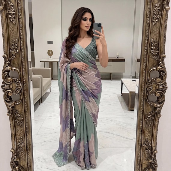 Chinon Silk Ready To Wear Designer Digital Print Saree With Blouse, Party Wear Indian Bollywood Pakistani Saree, Sabyasachi Saree