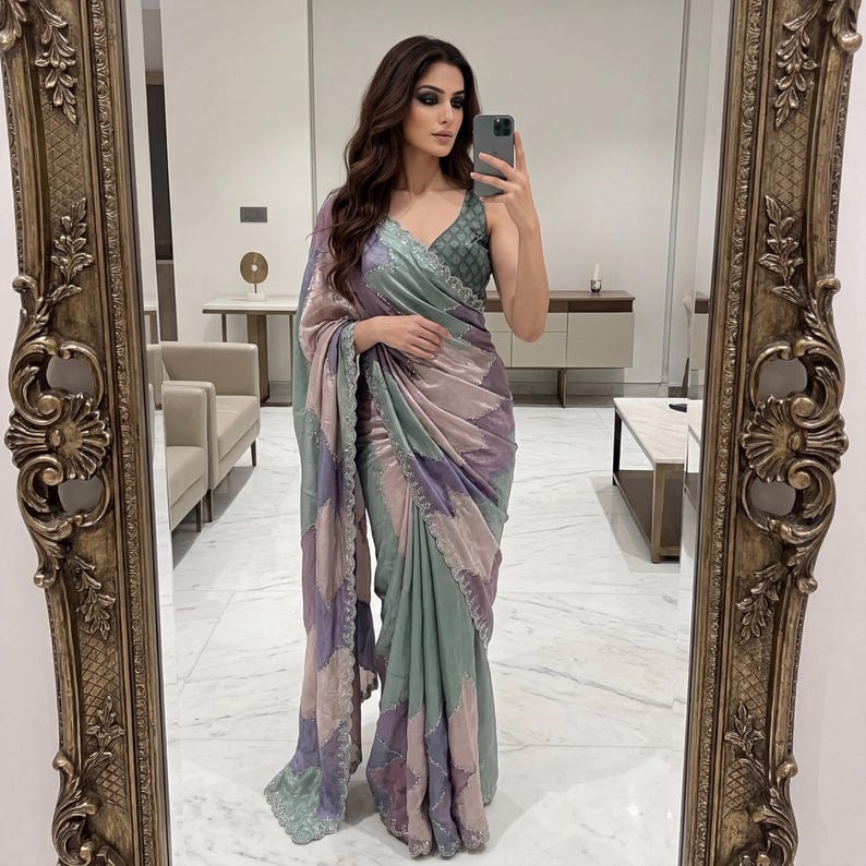May include: A woman in a mirror selfie wearing a flowing saree. The saree features a patchwork design in shades of green, purple, and pink. The top is a darker green with a V-neck. The mirror has an ornate gold frame.