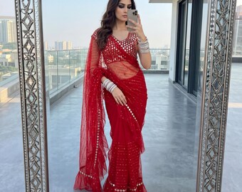 Designer Embroidered Georgette Saree With Blouse, Reception Bridal Party Wear Pre-Stitched Bollywood Saree, Ready to Wear Sabyasachi Saree