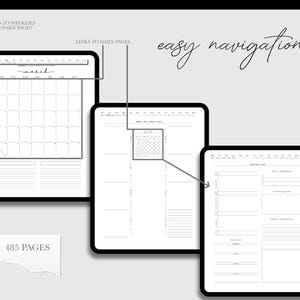 May include: A digital planner with 485 pages, featuring a monthly calendar, weekly spreads, and daily pages. The planner has a simple, minimalist design with black text on a white background. The planner is designed for easy navigation with links to weekly and daily pages.
