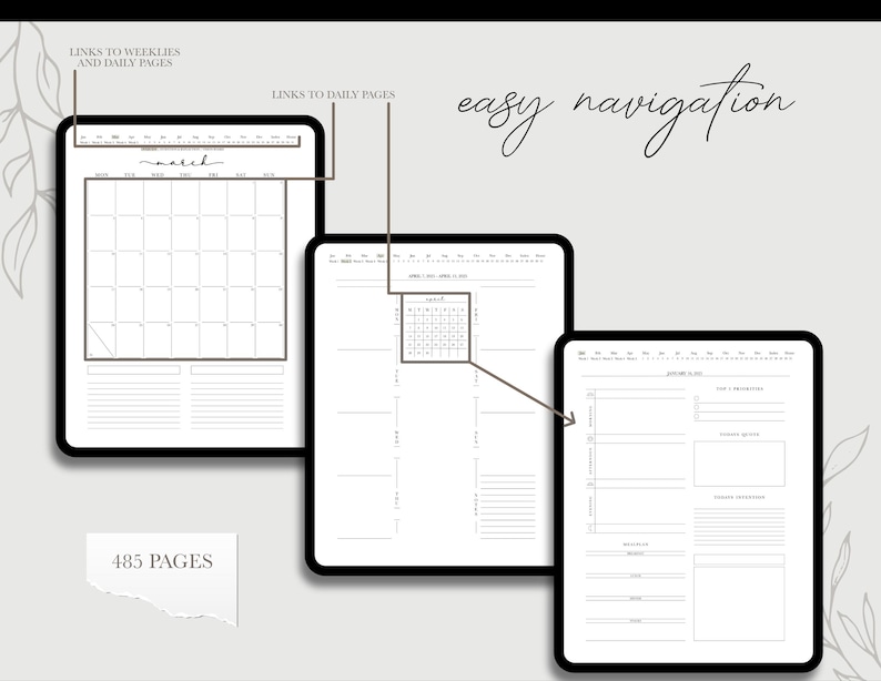 May include: A digital planner with 485 pages, featuring a monthly calendar, weekly spreads, and daily pages. The planner has a simple, minimalist design with black text on a white background. The planner is designed for easy navigation with links to weekly and daily pages.