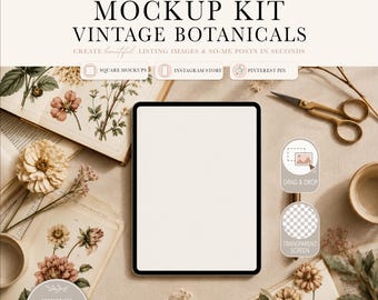 Vintage Botanical iPad Mockup Kit | Digital Planner Mockup PNG | Etsy Listing Mockup | Canva Mockup for Digital Products