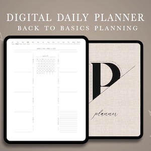 May include: Digital daily planner with a calendar for April 2023 and a section for daily notes. The planner has a simple, minimalist design with a black and white color scheme. The cover of the planner features a large letter "P" with the word "planner" written below it.
