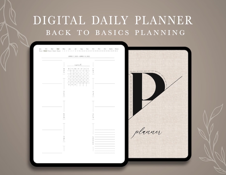 May include: Digital daily planner with a calendar for April 2023 and a section for daily notes. The planner has a simple, minimalist design with a black and white color scheme. The cover of the planner features a large letter "P" with the word "planner" written below it.