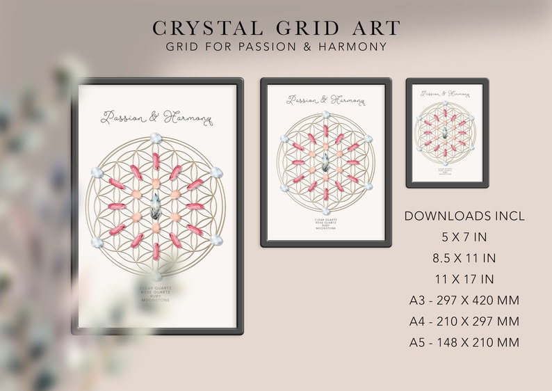 PASSION & HARMONY Crystal Grids art print Spirituality, boho crystal grids, crystal layout, crystal grimoire, printable crystal art image 3