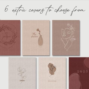 May include: Six different planner cover designs featuring minimalist line art illustrations. The designs include a floral motif, a vase of flowers, a woman's face, a flower bud, and the year 2025. The covers are in shades of brown and beige.