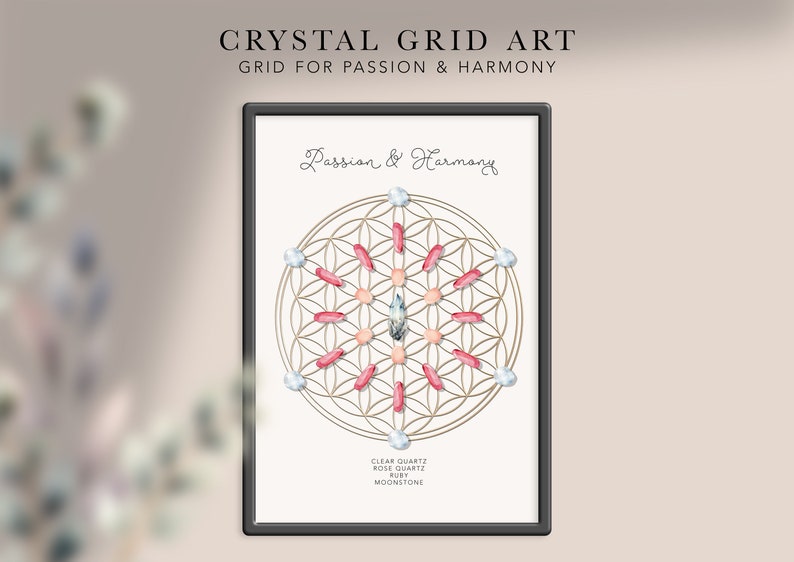 PASSION & HARMONY Crystal Grids art print Spirituality, boho crystal grids, crystal layout, crystal grimoire, printable crystal art image 6