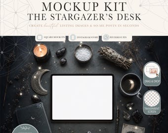Dark Celestial iPad Mockup Kit | Witchy Digital Planner Mockup PNG | Moon Magic Etsy Listing Mockup | Mystical Canva Digital background