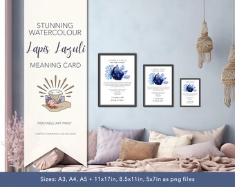 LAPIS LAZULI print, Crystal art print - Crystal Meaning Cards, book of shadows, spiritual art print, crystal layout, crystal grimoire, reiki