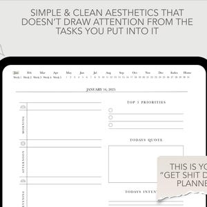 May include: A digital planner with a simple design. The planner has a calendar, a section for top priorities, a space for a quote, and a section for daily intentions. The text "This is your "Get Shit Done" Planner" is written on a torn piece of paper.