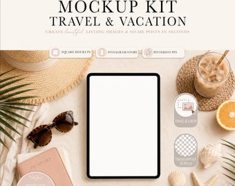 Travel & Vacation iPad Mockup Kit | Digital Planner Mockups | Canva PNG Mockup | Etsy Listing Images for Digital Products