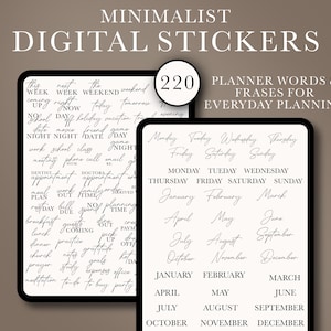 May include: Digital planner stickers with minimalist design. The image shows two digital tablets displaying a collection of planner words and phrases for everyday planning. The text includes days of the week, months, and common planning terms. The background is a neutral color.