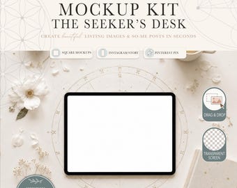 Light Celestial iPad Mockup Kit | White Floral Digital Planner Mockup PNG | Boho Etsy Listing Mockup | Neutral Canva Mockup