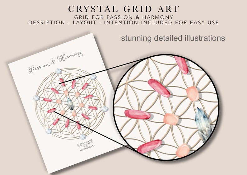 PASSION & HARMONY Crystal Grids art print Spirituality, boho crystal grids, crystal layout, crystal grimoire, printable crystal art image 5