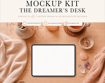 Cozy iPad Mockup Kit | Neutral Digital Planner Mockup PNG | Boho Etsy Listing Mockup | Crystal Coffee Canva Mockup for Digital Sellers