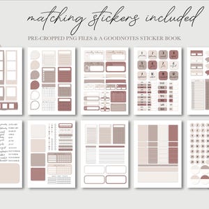 May include: A set of digital planner stickers in a neutral color palette of beige and brown. The stickers include a calendar, monthly log, weekly log, daily log, and various other organizational elements. The stickers are pre-cropped PNG files and can be used in Goodnotes.
