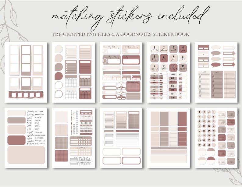 May include: A set of digital planner stickers in a neutral color palette of beige and brown. The stickers include a calendar, monthly log, weekly log, daily log, and various other organizational elements. The stickers are pre-cropped PNG files and can be used in Goodnotes.