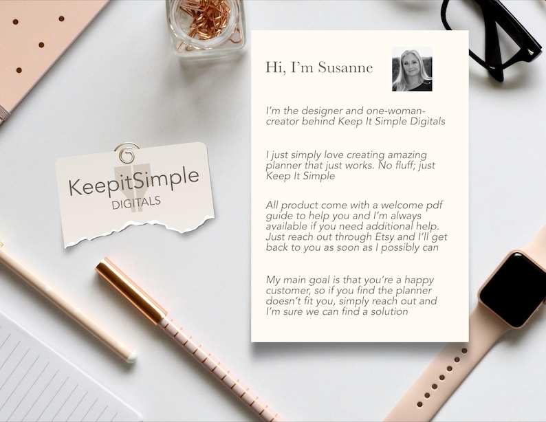 May include: A white card with text that reads "Hi, I'm Susanne" and "Keep It Simple Digitals". The text explains that the creator is a designer and one-woman creator behind the brand. The card also includes a welcome message and information about the products.