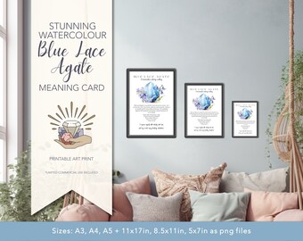 BLUE LACE AGATE Art Print, Crystal art print - Crystal Meaning Cards, Book of Shadows, Spiritual Art Print, Gemstone Meaning, Crystal print