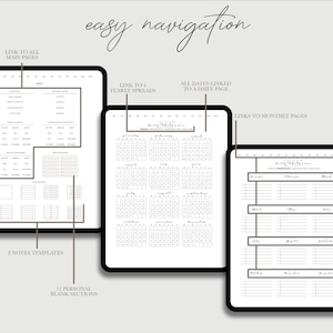 May include: A digital planner with a calendar, notes, and blank sections. The planner has links to all main pages, yearly spreads, monthly pages, and daily pages.