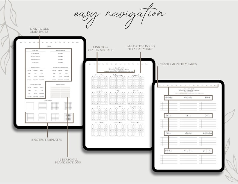 May include: A digital planner with a calendar, notes, and blank sections. The planner has links to all main pages, yearly spreads, monthly pages, and daily pages.