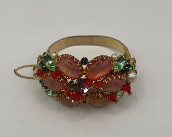 Alice Caviness Vintage Gold Multi Stone Hinged Bangle Bracelet Pink Rhinestone