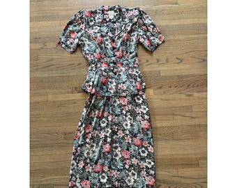 Vintage John Richard Floral Peplum Dress Black Pink Blue Button Front Floral