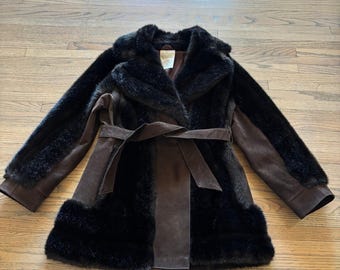 Vintage Rosewin Tissavel Brown Faux Fur Suede Belted Mid Coat Jacket Womens M L