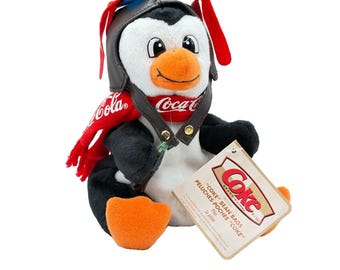 Coca-Cola 1997 Pilot Penguin Bean Bag Toy with Coke Bottle Vintage