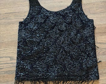 Vintage Black Beaded Sequin Scallop Fringe Tank Top Size 38 Medium Hong Kong