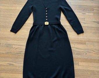 St John for Bullock's Vintage Black Knit Dress V-Neck Gold Buttons Belted 4?