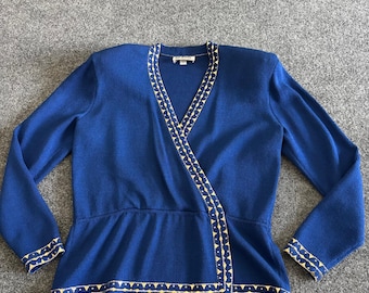 St John by Marie Gray Vintage Royal Blue Gold Trim Knit Wrap Peplum Top Size 10